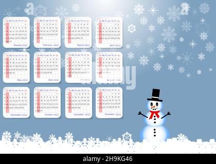 2022 Tischkalender mit Winterlandschaft. Die Woche beginnt am Sonntag. Stock Vektor