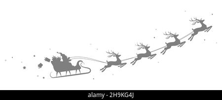 eps-Vektor-Illustration mit Silhouette von farbigem Weihnachtsmann mit Schlitten und Rentieren und einigen Geschenken, die am Himmel auf weißem Hintergrund isoliert fliegen Stock Vektor