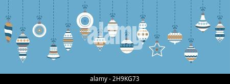 eps-Vektor-Illustration mit verschiedenen Vintage elegante weihnachtsbaumkugeln mit Ornamenten und festlichen Dekorationen blau gefärbt Stock Vektor