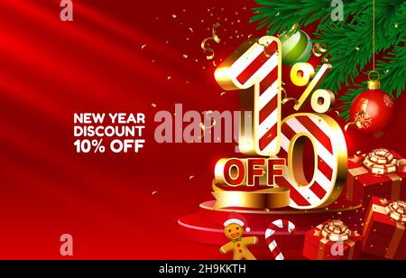 Neujahr Rabatt Merry Weihnachten Verkauf 10 aus goldenen Zahlen, mit Geschenken und Weihnachtsdekorationen auf dem roten Hintergrund. Vektorgrafik Stock Vektor
