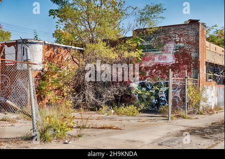 DETROIT, USA - 20. OKTOBER 2019: Eine alte Garage an einer Straßenecke der Hamilton Avenue ist zu einer urbane Ruine geworden, da Bäume und Vandalen die übernahmen Stockfoto