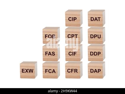 Incoterms-System mit allen internationalen Handelsbedingungen auf Cubes. Stockfoto