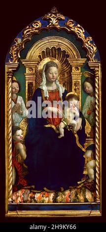Thronende Madonna mit Kind und vier Engeln, 1475-80 Giovanni Martino Spanzotti (1455-1526/28), Italien, Italienisch. Stockfoto