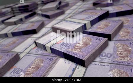 Malaysia Ringgit Money Pack 3D Illustration. MYR-Banknotenbündel. Konzept von Finanzen, Bargeld, Wirtschaftskrise, Unternehmenserfolg, Rezession, bank, Stockfoto