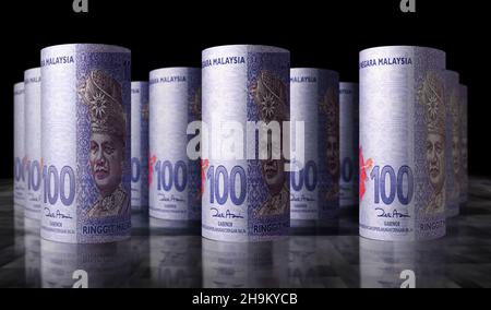 Malaysia Ringgit Money Pack 3D Illustration. MYR-Banknotenbündel. Konzept von Finanzen, Bargeld, Wirtschaftskrise, Unternehmenserfolg, Rezession, bank, Stockfoto