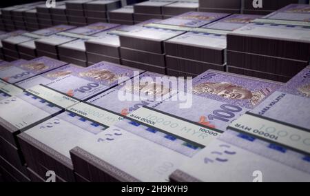 Malaysia Ringgit Money Pack 3D Illustration. MYR-Banknotenbündel. Konzept von Finanzen, Bargeld, Wirtschaftskrise, Unternehmenserfolg, Rezession, bank, Stockfoto