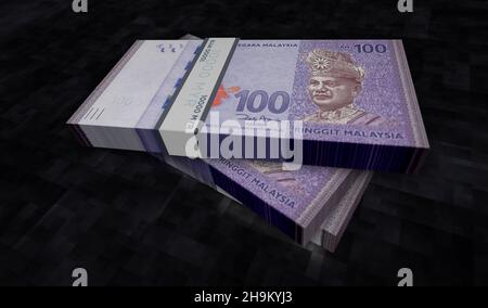 Malaysia Ringgit Money Pack 3D Illustration. MYR-Banknotenbündel. Konzept von Finanzen, Bargeld, Wirtschaftskrise, Unternehmenserfolg, Rezession, bank, Stockfoto