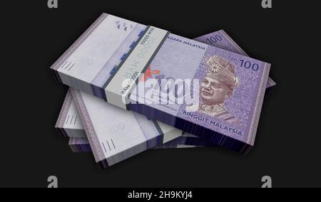 Malaysia Ringgit Money Pack 3D Illustration. MYR-Banknotenbündel. Konzept von Finanzen, Bargeld, Wirtschaftskrise, Unternehmenserfolg, Rezession, bank, Stockfoto