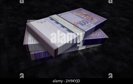 Malaysia Ringgit Money Pack 3D Illustration. MYR-Banknotenbündel. Konzept von Finanzen, Bargeld, Wirtschaftskrise, Unternehmenserfolg, Rezession, bank, Stockfoto