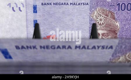 Malaysia Ringgit Money Pack 3D Illustration. MYR-Banknotenanzahl. Konzept von Finanzen, Bargeld, Wirtschaftskrise, Unternehmenserfolg, Rezession, bank, Steuer und Stockfoto