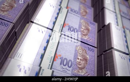 Malaysia Ringgit Money Printing 3D Illustration. MYR-Banknotendruck. Konzept von Finanzen, Bargeld, Wirtschaftskrise, Unternehmenserfolg, Rezession, bank, Steuern Stockfoto