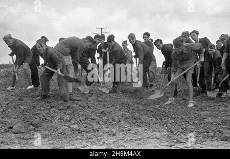 Szczecin, osiedle Warszewo, 1948-09. Junacy ze S³u¿von Polsce niweluj¹ teren pod budowê masztu szczeciñskiej radiostacji Polskiego Radia. msa PAP Szczecin, Warszewo, Sept. 1948. Mitglieder des Dienstes für Polen Nivelliergelände auf der Baustelle eines Mastes des polnischen Radiosenders Stettin. msa PAP Stockfoto