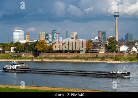 Die Skyline von Düsseldorf, mit den Wolkenkratzern im Medienhafen, Brücken über den Rhein, Wohnhäuser vor dem Rhein im Ha Stockfoto