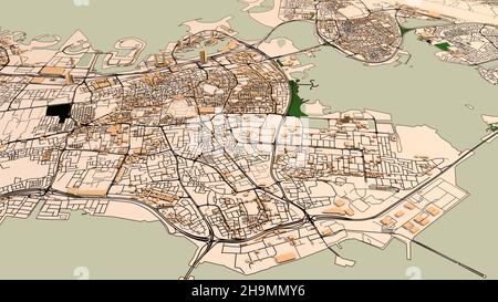 Satellitenansicht von Bahrain. Karte der Hauptstadt Manama. Straßen und Gebäude. 3D Rendern Stockfoto