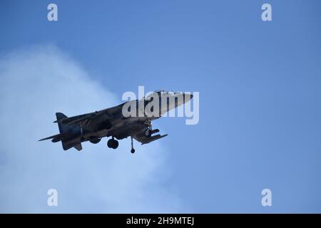 United States Marine Corps AV-8B Harrier schwebt während einer Flugdemonstration bei MCAS Miramar in San Diego, Kalifornien Stockfoto