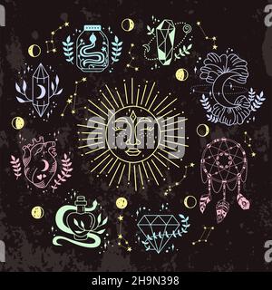 Mystiker und Astrologie, Hexen Magie okkulten Symbolen um die Sonne. Esoterische Doodle-Boho-Elemente, magischer Hexenkristall, Herz-Ikone. Für Tattoo-Druck Fantasy Magier Zeichen Vektor dunklen Hintergrund Grunge Stock Vektor