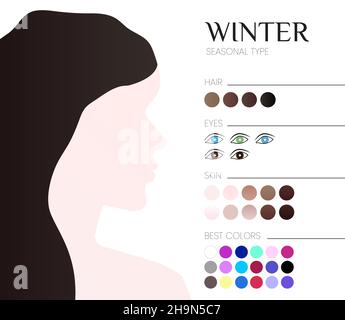 Saisonale Farbanalyse für den Wintertyp. Illustration mit Frau Stock Vektor