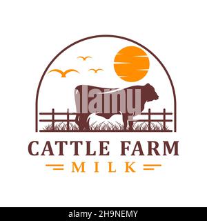 Logo-Design angus Kuh auf Gras und Sonne Stockfoto