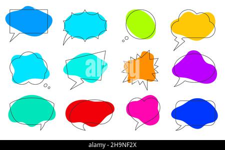 Sprechblase Flüssigkeit Form Farbe Linie flach set. Sticker Cartoon Doodle Comic Dialog Ballon post user Prozess sprechen Idee. Label Form Web Banner Meditation Symbol Kommentar Diskussion isoliert auf weiß Stock Vektor