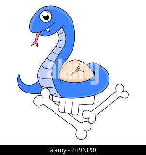 Blaue Python brütet seine Eier, Vektor-Illustration Kunst. Doodle Symbol Bild kawaii. Stock Vektor