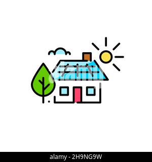 Haus mit Sonnenkollektoren. Nachhaltige, lebende alternative Energiequelle. Pixel perfekt, editierbare Kontur farbenfrohes Symbol Stock Vektor