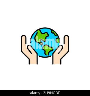 Rette den Planeten. Umweltfreundliche Alternative Lifestyle-Ikone. Erdkugel in Händen. Pixelgenaue, bearbeitbare Kontur Stock Vektor