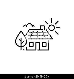 Haus mit Sonnenkollektoren. Nachhaltige, lebende alternative Energiequelle. Pixel Perfect, bearbeitbares Kontursymbol Stock Vektor