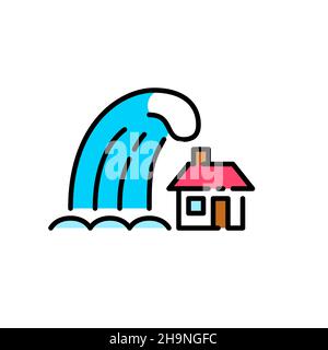 Tsunami-Welle über einem kleinen Haus. Naturkatastrophe. Pixel perfekt, editierbare Kontur farbenfrohes Symbol Stock Vektor