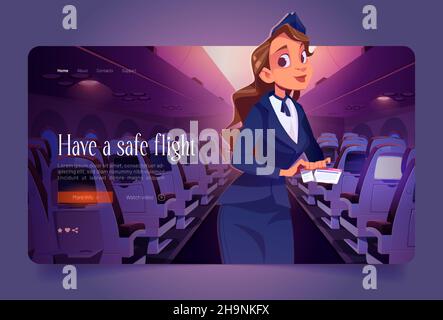 Stewardess mit Ticket in Flugzeug Cartoon Landing Page. Air Hostess, junge Frau in Uniform, Flugbegleiter Firma Flugzeug Flugbegleiter wünschen sicheren Flug zu den Passagieren im Flugzeuggang, Vector Web-Banner Stock Vektor