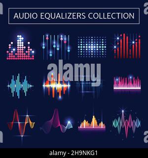 Heller Audio-Equalizer Neon-Set mit Sound-Wellen-Symbole auf Blauer Hintergrund flach isoliert Vektor-Illustration Stock Vektor