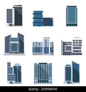 Bürogebäude und Geschäftszentren flache Symbole setzen isolierte Vektor Abbildung Stock Vektor