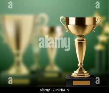 Realistischer Hintergrund mit glänzenden goldenen Trophäe Auszeichnungen Tassen Vektor-Illustration Stock Vektor