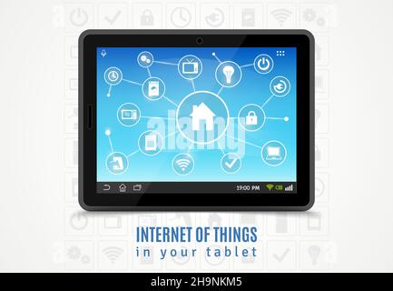 Internet der Dinge Konzept mit realistischen mobilen Tablet und smart Symbole für Heimgeräte Vektorgrafik Stock Vektor