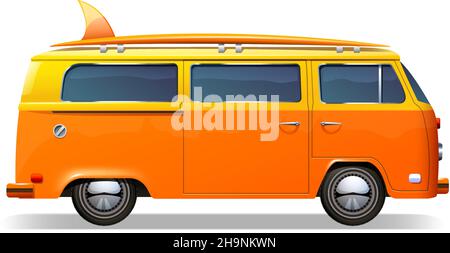 Orange Retro Bus mit Surfbrettern realistisch isoliert auf weiß Vektordarstellung im Hintergrund Stock Vektor