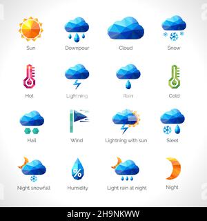 Wettervorhersage polygonale Symbole mit Sonne Wolke regen Schnee gesetzt Symbole isolierte Vektordarstellung Stock Vektor