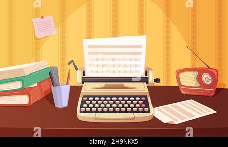 Retro Gadgets Cartoon Hintergrund mit Schreibmaschine Radio Bücher Schreibwaren auf Vektorgrafik für braune Tabellen Stock Vektor