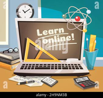 Online Learning Design-Konzept mit Notebook-Rechner Tutorials und Schreibwaren Am Schreibtisch flache Vektorgrafik Stock Vektor