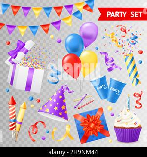 Bunte Objekte für Partys und Urlaub isoliert auf transparent gesetzt Hintergrund flache Vektorgrafik Stock Vektor