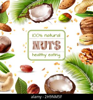 Realistischer Rahmen mit verschiedenen Arten von Nüssen und Blättern auf Vektorgrafik mit weißem Hintergrund Stock Vektor