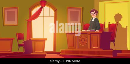 Frau Richterin im Gerichtssaal mit Holzmöbeln, Hammer und Dokumenten. Vektor-Cartoon-Illustration von weiblichen Anwalt in schwarzer Robe und Raum im Inneren des Gerichtes Stock Vektor
