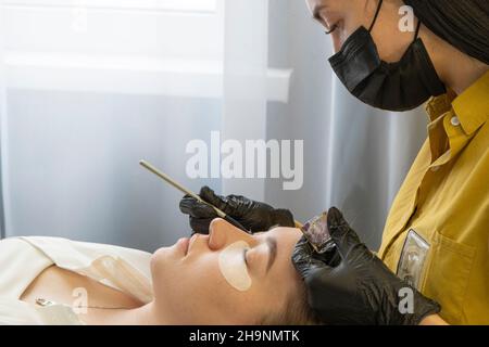 Wimpern Pflege Behandlungsverfahren: Färbung, Curling, Laminieren und Erweiterung für Wimpern. Hautpflege, Spa und Wellness. Master malt den Augenlider des Kunden Stockfoto