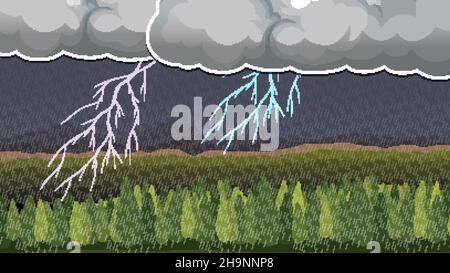 Miniaturbild-Design mit Regen und Blitz in Naturlandschaft Illustration Stock Vektor