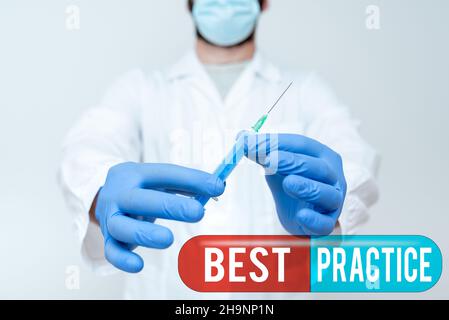 Konzeptunterschrift Best Practice. Geschäftsidee kommerzielle Verfahren, die akzeptiert werden vorgeschrieben, um richtige Forscher, die Virus Stockfoto