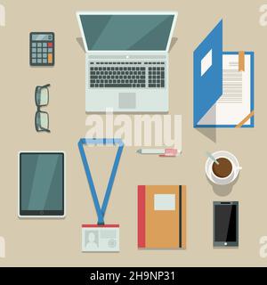 Draufsicht auf Büroarbeitsplatz mit mobilen Geräten und Unterlagen isoliert Vektor-illustration Stock Vektor