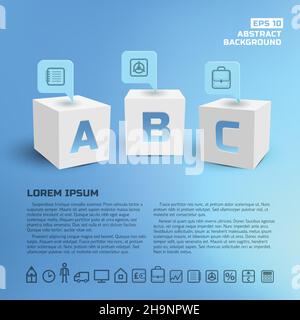 Business Pointer auf 3D weiße Würfel und Satz von monochrom Symbole auf Vektorgrafik mit blauem Hintergrund Stock Vektor