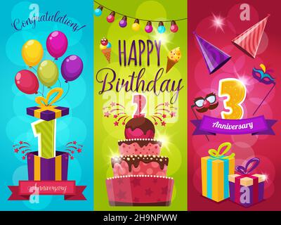 Geburtstagsfeier Banner Set mit Ballons Feuerwerk Geschenkboxen und Maskiert Icecream und Ribbons isolierte Vektordarstellung Stock Vektor