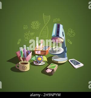 Biologie Konzept mit Retro-Wissenschaft Cartoon-Icons Set Vektor-Illustration Stock Vektor