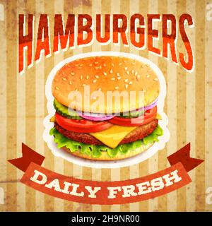 Fastfood Restaurant Poster mit Hackfleisch Hamburger Emblem Vektor Abbildung Stock Vektor