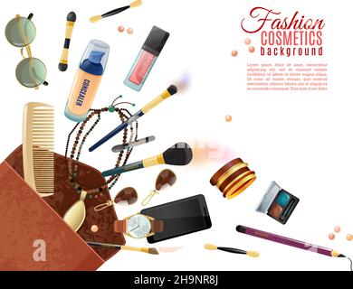 Mode flachen Hintergrund mit Kosmetik verschiedene Accessoires und Make-up-Tools In Beauty-Tasche auf weißem Hintergrund Vektor-Illustration Stock Vektor