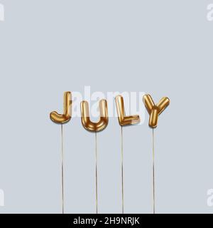 Juli geschrieben mit goldenen Folienballons. juli Schriftzug mit realistischen goldenen Ballons. juli Typografie. Isolierte Vektor-Design Stock Vektor